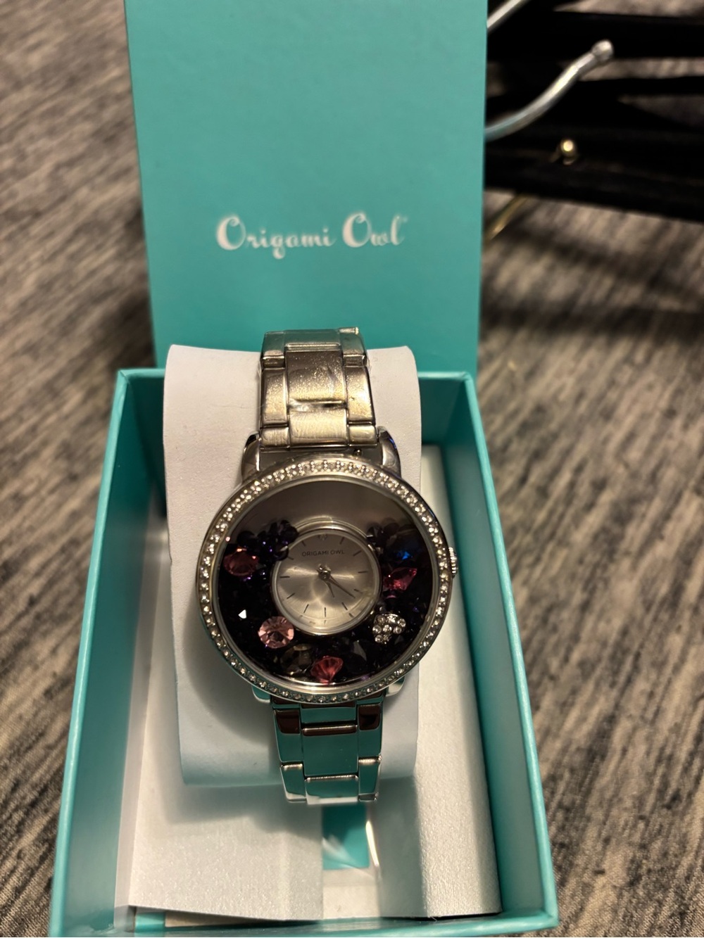 Origami Owl Silver Watch with Pink & Purple Crystal Charms